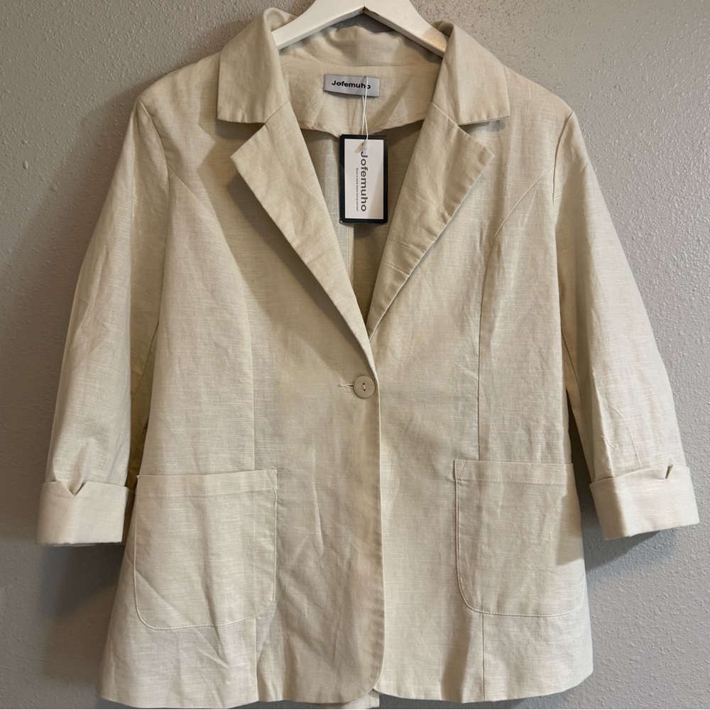 NWT Cream Cotton-Linen Blazer | Casual Lightweight 3/4 Sleeve Jacket - Size L